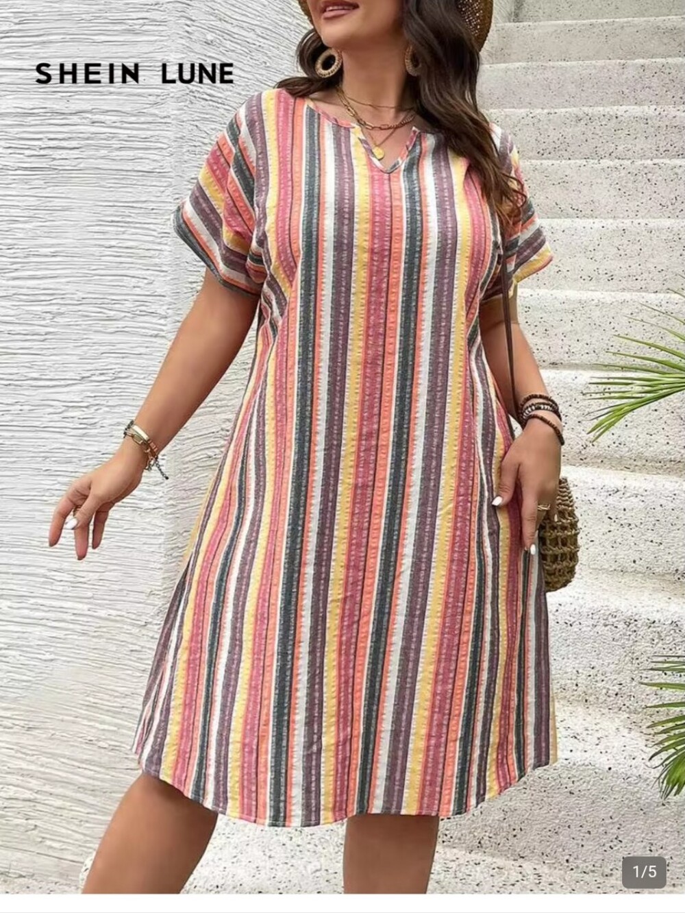 Summer Notched Neck Striped & Printed Casual Short Sleeve Dress